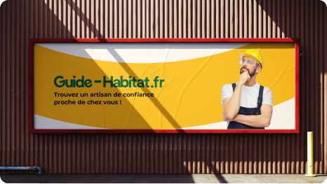 Le Guide de l'Habitat — real estate platform billboard mockup showing branding